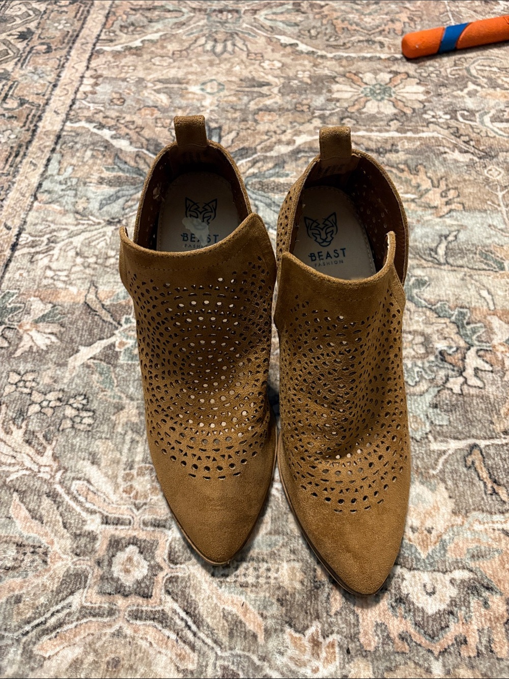 Women's Tan Suede Perforated Ankle Booties